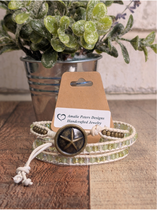 Amalie Peters Designs Jewelry - NEW Artisan Boho Triple Wrap Green Beaded White Knotted Leather Button Bracelet